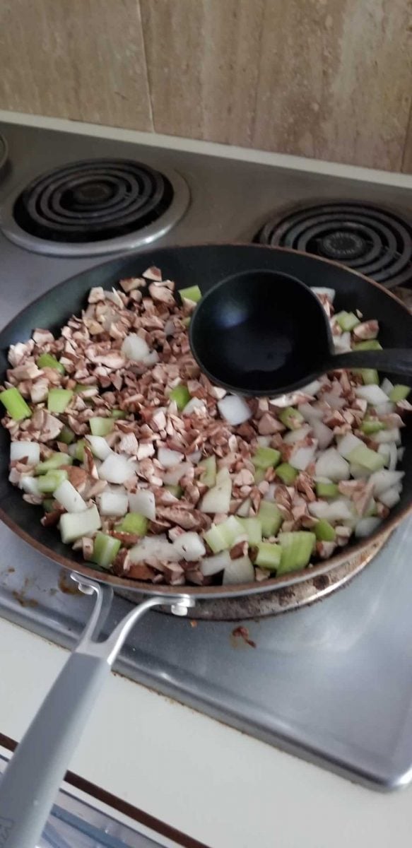 celery, onions, and mushrooms stir fry for vegan walnut wellington filling